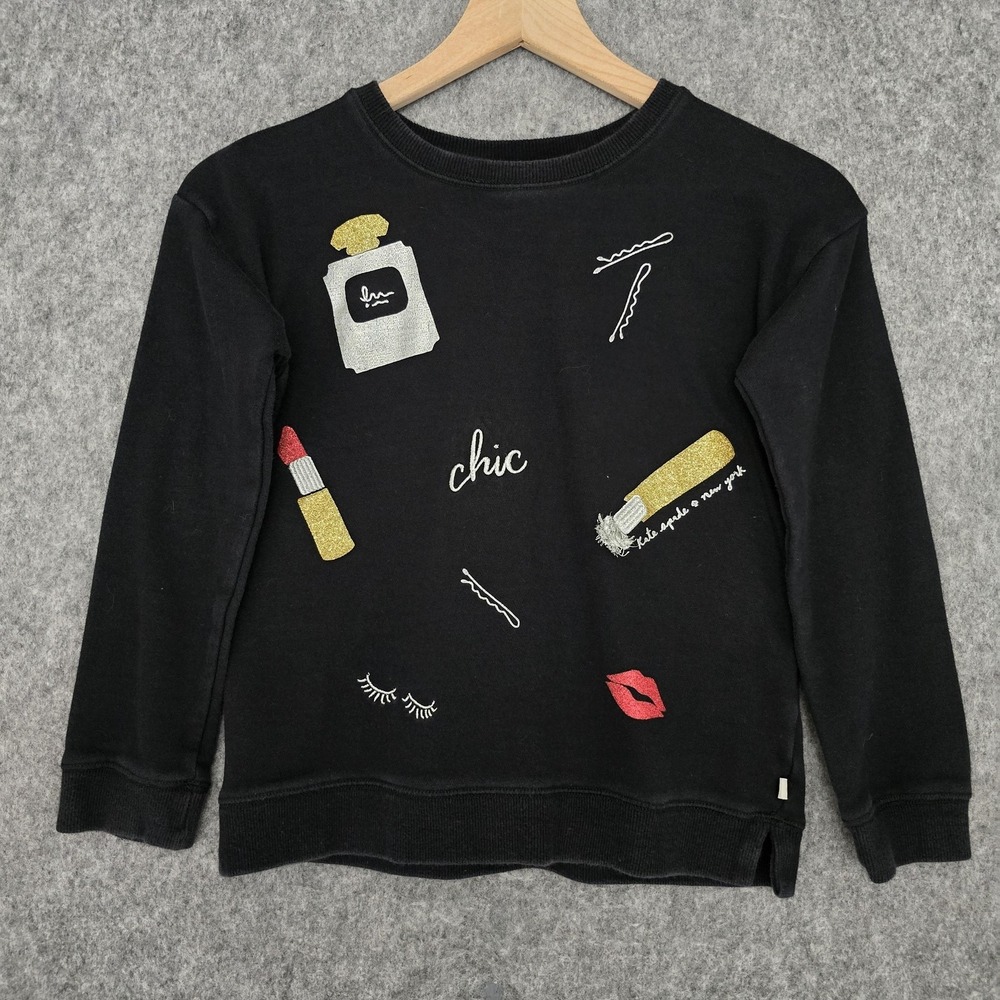 Kate Spade Sweatshirt Girls‎ 10 Black Fleece Chic Graphic Glitter Beauty Fun